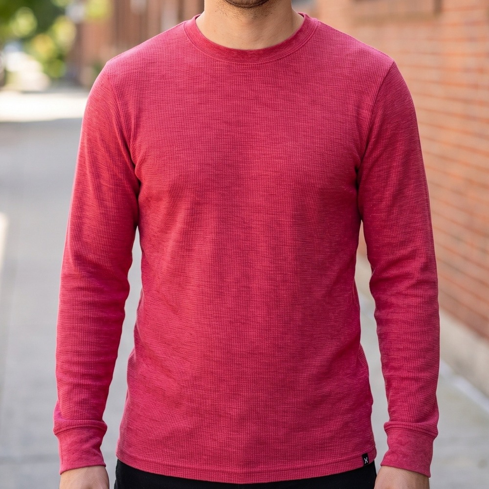 Hurley Mens Premium Fit Long Sleeve Waffle Knit Thermal Shirt Red Heather